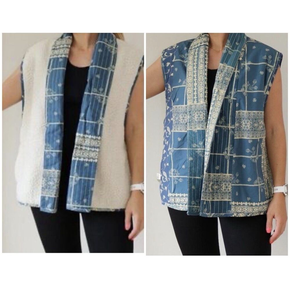 Free People Vera Plaid Patch Sherpa Vest Oversized Boho Sz M Reversible